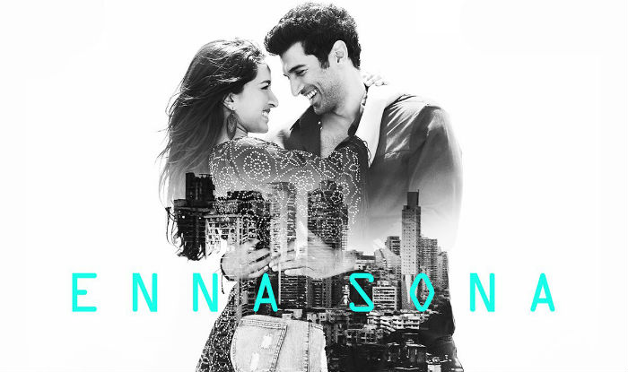 Silhouette of a man and woman embracing, filled with the image of a city, with the text 'Enna Sona' above