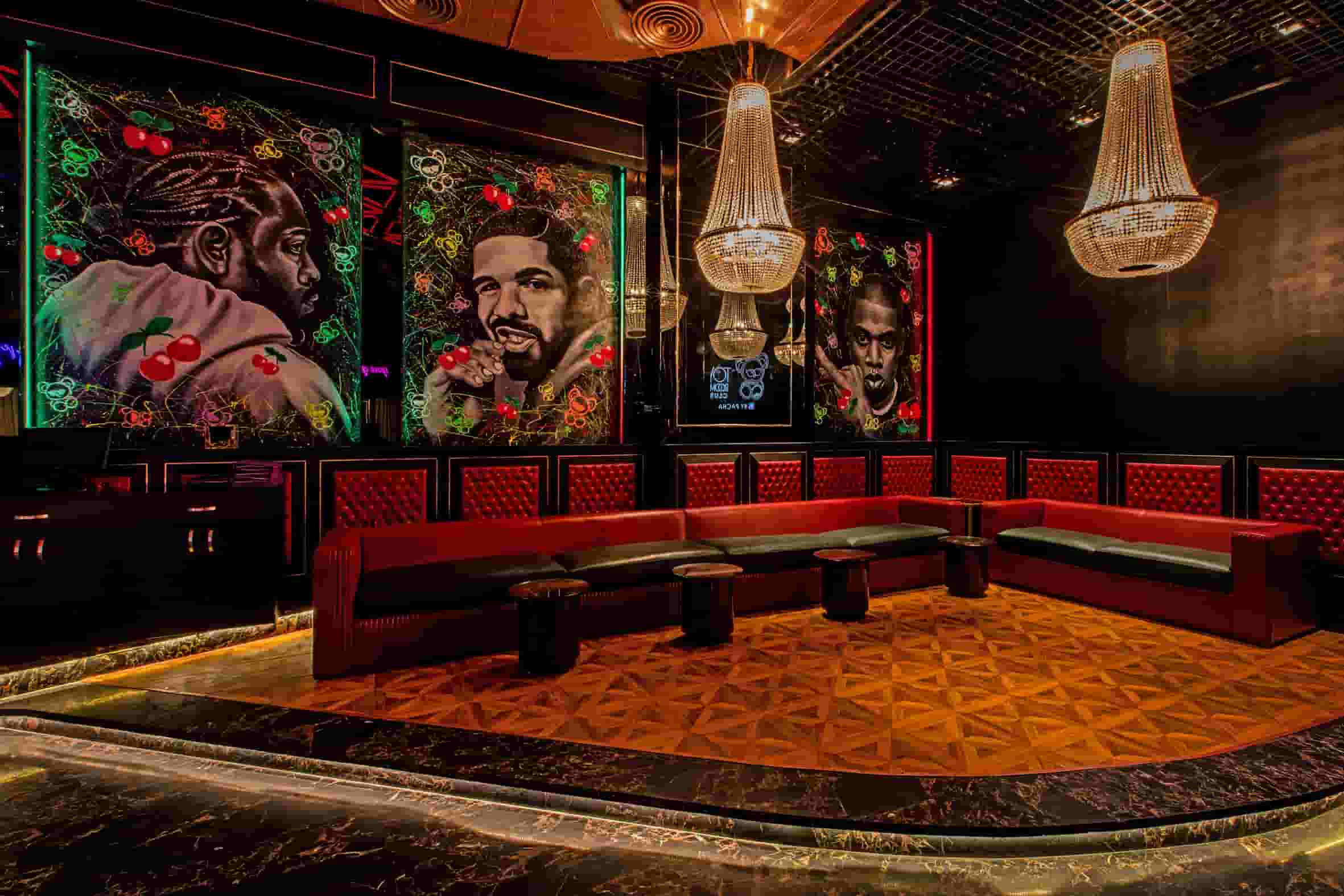 ToyRoom Club incorporated with edgy hip-hop inspired graffiti murals and a fluid bar with multiple dancing platforms
