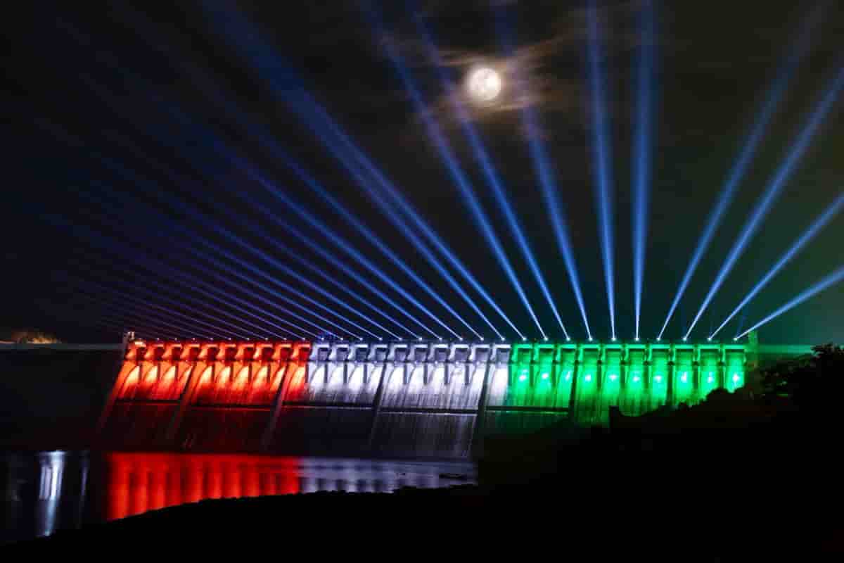 Multi-Colored Lights & Sound Show Adorns the facade of Sardar Sarovar Dam near Statue of Unity.